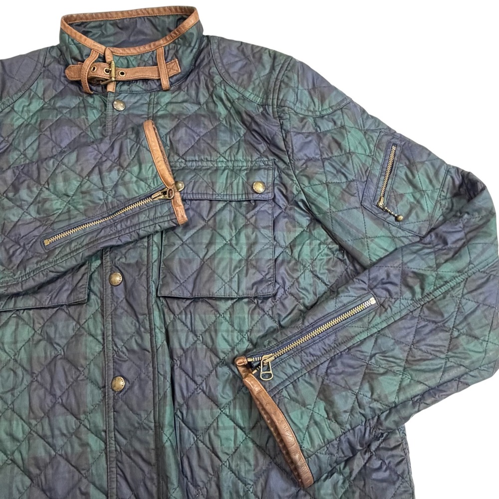 Polo Ralph Lauren Quilted‎ Jacket Womens L Navy Green Plaid Leather Trim - Picture 7 of 11